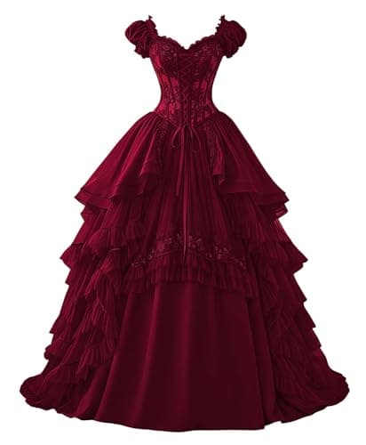 Ftupza Layered Tulle Gothic Wedding Dresses Burgundy Deep Ball Gown Ruffled Sleeve Lace Appliques Victorian Costume Dress 4