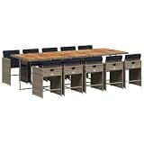 GHVBNMF 11 Piece Garden Dining Set, Grey Poly Rattan Patio Furniture with Acacia Wood Table and 10 Chairs, Space Saving Outdoor Dining Set with Navy Blue Cushions