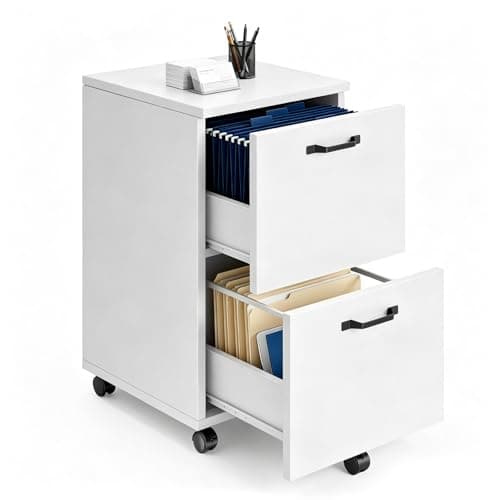 SageNest 2 Drawer File Cabinet with Lockable Wheels, Rolling Filing Cabinet for Home Office, Wooden Mobile File Cabinet with Printer Stand, Under Desk Storage Organizer, White