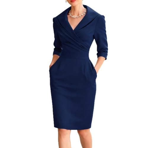 Womens Notched V Neck Wrap Dress Professional Ruched Waist Office Midi Bodycon Dress