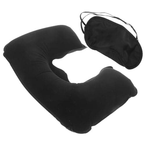 INOOMP Inflatable Neck Pillow Travel Set with Eye Mask, Compact Airplane U-Shaped Head Pillow for Sleeping, Black Velour Cover, Portable Travel Accessories for Flights and Outdoor