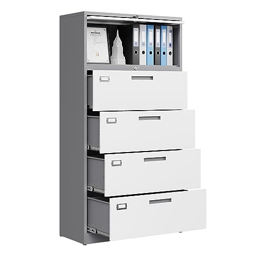 Letaya 4 Drawer File Cabinets for Home Office,Metal Lateral Filing Cabinets with Lock,Hanging Files Letter/Legal/F4/A4 Size (Grey & White)