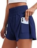 PINSPARK 2 in 1 Lightweight Athletic Shorts for Woman Running Workout Exercise Shorts 3in High Split Dolphin Stretch Sports Short with Liner Pockets, Navy Blue Small