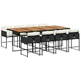 mtlskopl 9-Piece Patio Dining Set, PE Rattan Outdoor Sectional Set with 1 Solid Acacia Wood Table and 8 Foldable Cube Chairs with Cream White Cushions, Space Saving Dinette for Garden Backyard Terrace