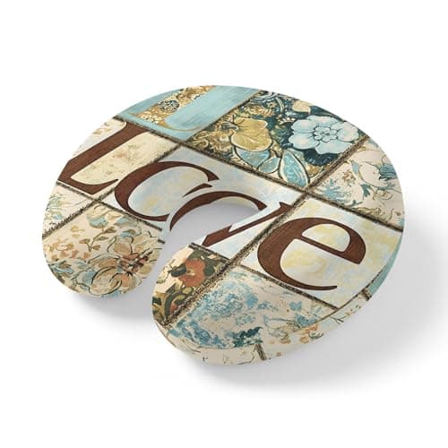 LXCPBNQT Neck Pillow Floral Butterfly Washable Memory Foam Pillow for Airplane Office Car Sleeping, Love QuoteRetro Stitching Pattern Travel Pillows U Shaped Stretch Neck Support Pillows