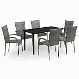 YUOGHRTFE 7 Piece Patio Dining Set with Glass Top, Powder-Coated Steel Frame and PE Rattan Chairs, Gray and Black Outdoor Dining Set for or Relaxing