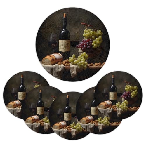 Hsnar Round Braided Placemats Set of 6 Grapes Red Wine Place Mats for Kitchen Dining Table 15 Inch Washable Heat Resistant Table Mats Indoor Outdoor