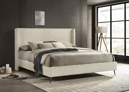 VAOZIURE Upholstered Panel King Bed with Wing Back Headboard, Soft Wide Wale Fabric, Contemporary Design, Cream