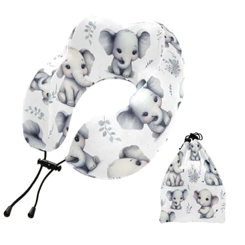 ZOEO Travel Pillow for Neck Head, Cute Elephants Grey Memory Foam Padding Sleeping Airplane Trains Cars Camping Office