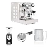 Rocket Espresso Appartamento 2.0 Espresso Machine (White) Bundle with Giannino Grinder (Black), 58mm Bottomless Portafilter & 12oz Frothing Pitcher (Matte White)