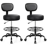 Brick Attic Drafting Chair with Backrest – Adjustable Foot Rest Rolling Stool with Wheels, PU Leather Swivel Stool for Office Spa Studio Lab Counter Salon Home Work Bar Kitchen Shop(Black), Pack of 2