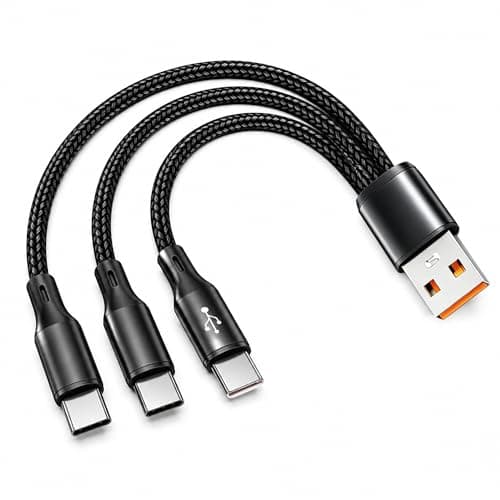 GIASYIEH USB C Splitter 1 in 3 Out, 5A Fast Charging USB A to 3 USB C Cable, Nylon Braided Short 0.65FT (20cm) USB 2.0 to USB C Data Sync Cord for Car & Desktop