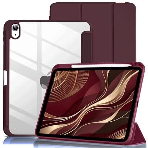 Lsmmpoba Case for iPad (A16) 11th Generation 11 Inch 2025, iPad 10th Generation 10.9 Inch 2022 with Pencil Holder, Clear Transparent Back Shell Shockproof Cover, Burgundy