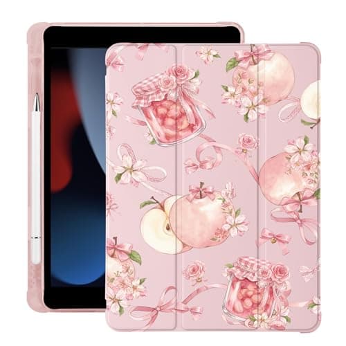 BlHMCASE Cute Kawaii Bow Flower Jam for iPad 7th/8th/9th Generation Case with Pencil Holder, Auto Sleep/Wake, Pink Leather Soft TPU Back Cover for iPad 10.2 Inch 2019/2020/2021
