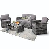 KROFEM 4-Piece Patio Furniture Set, Wicker Outdoor Rattan Sectional Sofa with Cushions and Glass Table, All-Weather Outdoor Conversation Set for Garden, Porch, Backyard, Patio, Light Grey