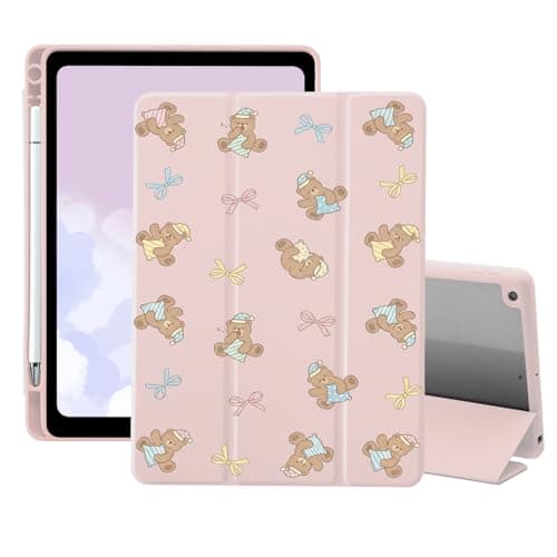 AdorableWhimsy Sleepy Bear Bow Case for iPad Air 13 Inch M4 2026/M3 2025/M2 2024 with Pencil Holder Trifold Stand Pink Leather Girly Cover Clear Back Cute Animal Case