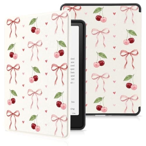 Pink Ribbon Bow Cherry Kindle Case for 7" Kindle Paperwhite 12th Generation 2024 & Kindle Colorsoft Signature Edition Case with Hand Strap, Premium PU Leather Protective Cover with Auto Sleep/Wake