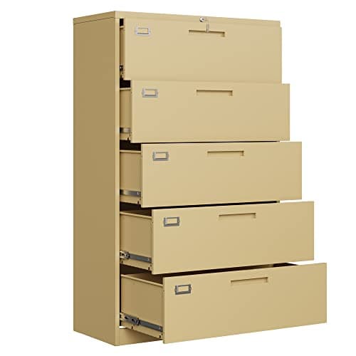 Letaya 5 Drawer File Cabinets with Lock, Metal Wide Vertical Filing Organization Storage Cabinets for Home Office Hanging Files Letter/Legal/F4/A4 Size (5 Drawer-Camel)