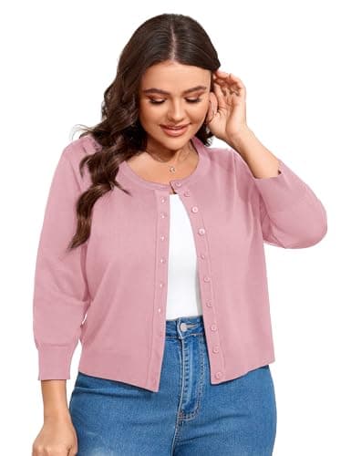 ShopWonder Women Plus Size Cardigan 3/4 Sleeve Crew Neck Bolero Button Down Sweaters Open Front Knit Bolero Shrugs Pink XL