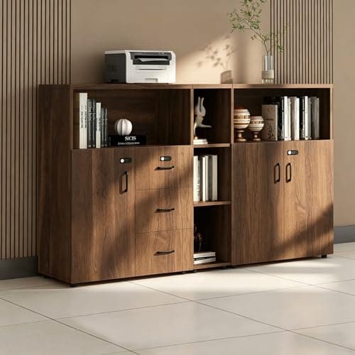 HSHBDDM File Cabinet with Password Lock, Wood Lateral Filing Cabinet for Letter/A4 Files, 3 Drawer with Door, Printer Stand with Open Shelves for Home Office
