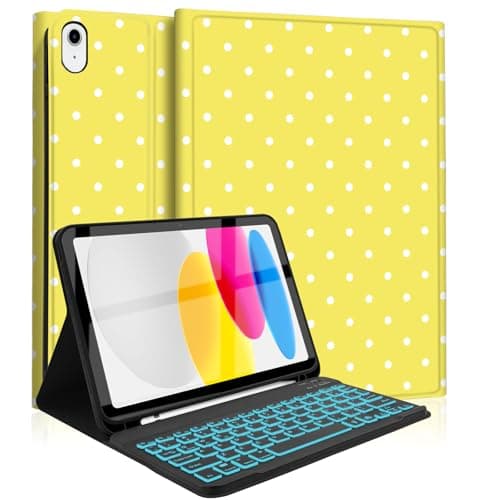 Mewealth Keyboard Case for iPad 11th 10th Generation with Pencil Holder, Backlights LED Wireless Keyboard Cover for 11th A16 11-inch 2025, 10th Gen 10.9 Inch 2022, Polka Dot Yellow-White