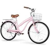 WEIZE Beach Cruiser Bike, 26 inch Commuter Bicycle for Adult Men and Women,High-Carbon Steel/Front & Rear Fenders, Comfortable City Bikes with Rear Rack&Basket, Ergonomic Upright Design,Pink