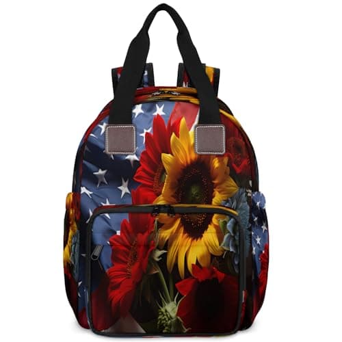 CNNINGYI Diaper Bags Backpacks, American Flag Maternity Bag Nappy Backpack with Thermal Pockets, Kids Travel Outdoor Mommy Bag Waterproof Diaper Bag, Memorial Day Flowers