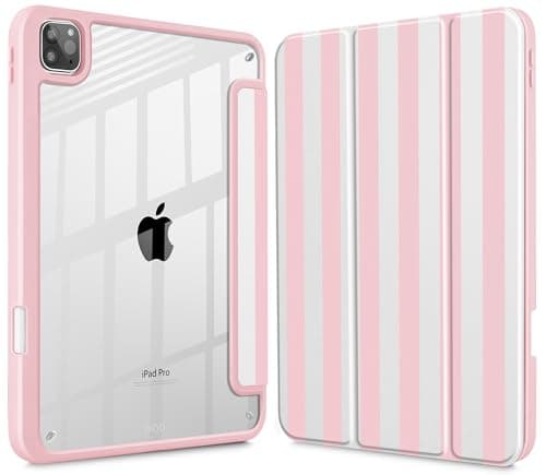 Tuiklol Case for iPad Pro 12.9 Inch M2 Case 2022 2021 2020 2018 Generation 6th/5th/4th/3rd,Built-in Pencil Holder Clear Transparent Protective Back Shell Cover, Striped Pink