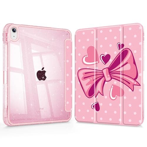 Tuiklol for iPad 11 inch (A16 Chip) 2025 11th Gen/iPad 10.9 inch 2022 10th Gen, Buit in Pencil Holder with Shockproof Cover Glitter Transparent Back Shell Case Auto Wake/Sleep,Pink Bow