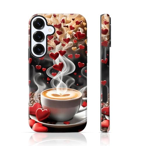 kadezia for Samsung Galaxy S25 Case 6.2 inch Coffee Heart & Brown Pattern, 2 in 1 Sublimation Film Case, Cozy & Romantic & Vibrant Style, Coffee Lovers, Back to School Gift