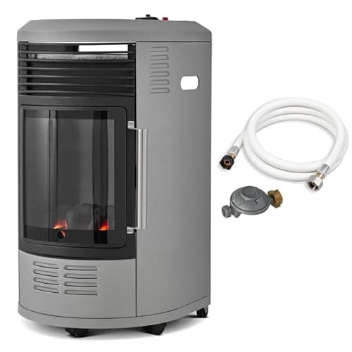 FAVEX - Volga Grey Mast gas booster heater - Ready to use supplied with hose and regulator - Infrableu fireplace effect - 6 heating power thermostat - Up to 40 m²