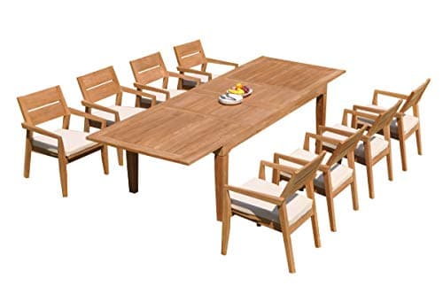 TeakStation 8 Seater Grade-A Teak Wood 9 Pc Dining Set: 122" Caranas Double Extension Rectangle Table and 8 Vellore Stacking Arm Chairs #31VL2909