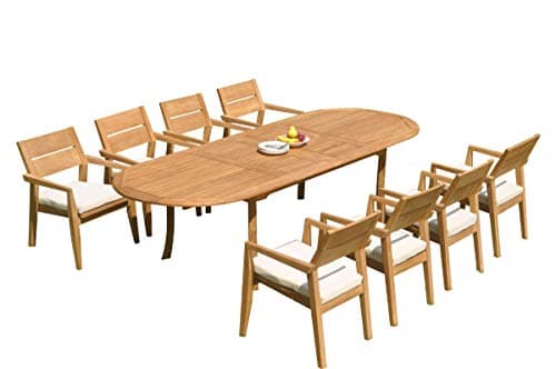 TeakStation 8 Seater Grade-A Teak Wood 9 Pc Dining Set: 118" Double Extension Oval Table and 8 Vellore Stacking Arm Chairs #31VL2609