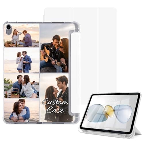 Personalized Photo Case for iPad (A16) 11th Generation 11 Inch 2025 [Built-in Pencil Holder] Custom Collage Picture Text Flip Folio Cover Kickstand Auto Wake/Sleep Trifold TPU Clear Back, White