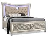 First of a Kind Eastern King Bed Frame, Champagne Silver Platform Bed with Tufted Headboard, Pebble Texture Design, Metal Construction, Transitional Bedroom Furniture