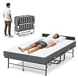 EKJ Folding Bed with Mattress and Headboard, 75"x46" Rollaway Bed for Adults, Guest & Camping, Portable Metal Bed Frame on Wheels, Max Capacity 450LBS, Easy Assembly & Storage