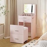 Airynee 3 in 1 Vanity, Compact Vanity with 3 Drawers, Makeup Desk with Flip-up 3 Colors Lighted Mirror and Cushioned Stool, Small Vanities Nightstand Perfect for Bedroom, Pink