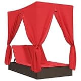 TUERYAFEK Double Patio Sun Lounger with Roof and Curtains, Poly Rattan Double Sun Lounger with Adjustable Backrest, Outdoor with Cushions and Removable Washable Covers