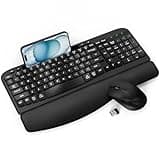 Wireless Keyboard and Mouse Combo, Full-Sized Ergonomic Wave Keys Keyboard with Memory Foam Wrist Rest & Phone Holder, 2.4G Quiet Keyboard Mouse Work Setup for PC Laptop, Office or Home (Black)