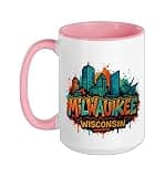 Milwaukee Skyline Souvenir - Artistic Graffiti Ceramic Mug, Pink/White, 15oz