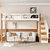 JIJIWANG Twin Size Wood Low Loft Bed with Storage Stairs, White & Natural