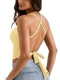 YEOREO Ease Tie Back Workouts Tank Tops Halter Backless Strap Top Deep V with Bar Pads Summer Shirt for Yoga Pilates Milk Yellow-L