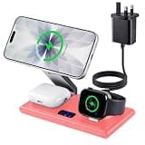 MONASAY 3 in 1 Wireless Charging Station with LCD Screen & 45W Charger | Foldable Magnetic Dock with 25W Fast Charge for iPhone 17/16/15, Apple Watch & AirPods | On/Off Display Button (Red)