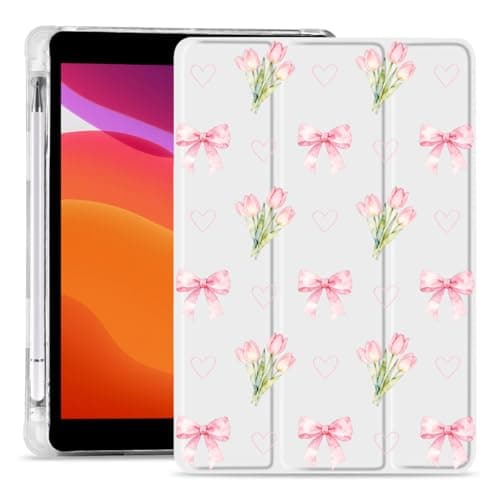 MAYCARI Tulip Flowers Pink Bow Case for iPad Pro 11 Inch 2022/2021/2020/2018, iPad Pro 11" 4th/3rd/2nd/1st Gen Case with Pencil Holder, Cute Design Slim Soft TPU Silicone Cover, Auto Sleep/Wake Shell