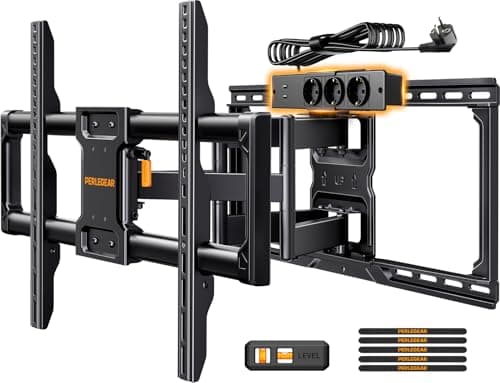 Perlegear PGLF11 Fully Movable TV Wall Mount with Power Strip, 42 - 90 Inches, 68 kg, Pre-Assembled TV Mount, Smooth Rotation, Tilt, Extension, VESA 600 x 400 mm