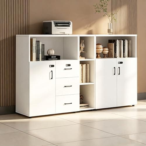 HSHBDDM File Cabinet with Password Lock, Wood Lateral Filing Cabinet for Letter/A4 Files, 3 Drawer with Door, Printer Stand with Open Shelves for Home Office