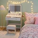 Boaeatu Vanity Desk with Chair, Small Makeup Table with Mirror and Lights, 3 Color Mode, Compact Vanity Table with Storage Drawers & Stool, for Women Girls Bedroom