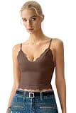 QINSEN Women’s Double-Layer Cami Top – V-Neck Lace Trim Crop Tank with Adjustable Straps, Soft Stretchy Ribbed Base + Sheer Overlay, Summer Casual Wear XS
