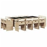 GHVBNMF 13 Piece Patio Dining Set, Beige PE Rattan Outdoor Furniture Set with Rectangular Tempered Glass Table and 12 Chairs with Cushions, Space Saving Cube Design for Backyard