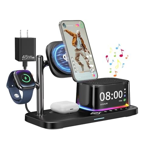 7-in-1 Wireless Charging Station for Multiple Apple Devices Bluetooth Speaker Alarm Clock Night Light, Qi2.2 Mag-Safe Charger Stand for iPhone 17/16/15 Pro Max Apple Watch Airpods 45W Adapter Included